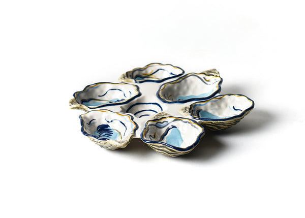 Gold and Blue Accents on the Side View of Oyster Half Dozen Platter