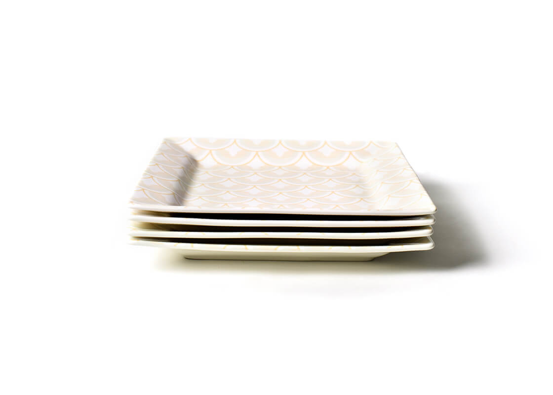 Front View of Neatly Stacked Blush Layered Arabesque Square Platter Set of 4