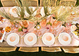 Overhead View of Tropical Tablescape with Blush Designs Including Layered Diamond Dinner Plate