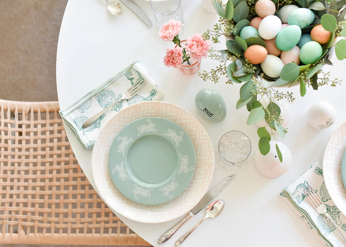Overhead View of Easter Tablescape with Place Setting Including Blush Layered Diamond Dinner Plate