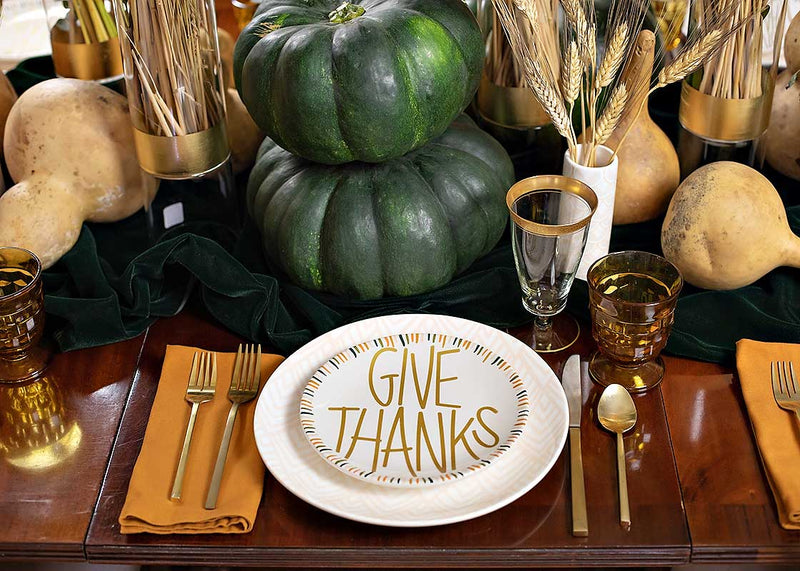 Dusk Give Thanks Salad Plate Paired with Blush Layered Diamond Dinner Plate on Thanksgiving Theme Tablescape
