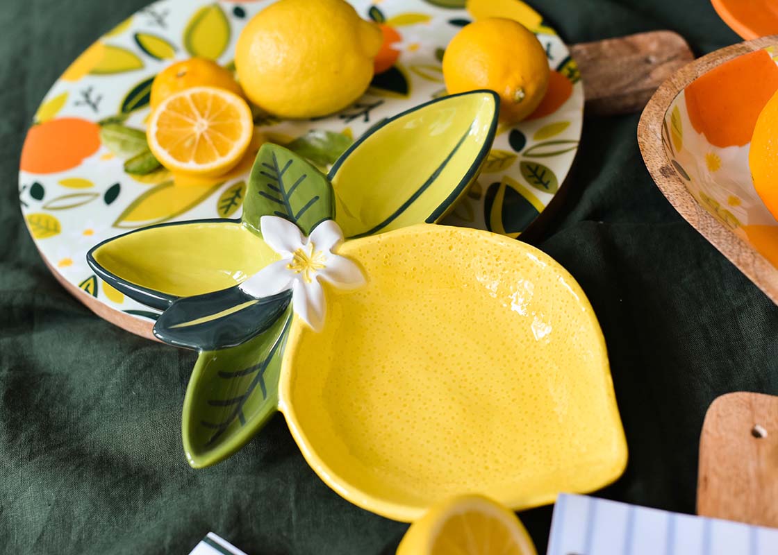 Extreme Cropped Close up of Lemon Platter with Coordinating Pieces from Citrus Collection