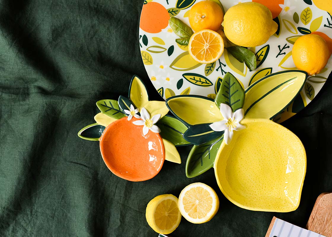 Cropped Close up of Lemon Platter with Coordinating Shaped Lemon and Orange Bowls