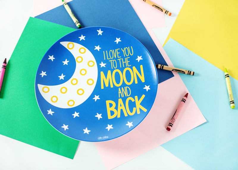 Blue Melamine Plate with Yellow Writing I Love You To The Moon