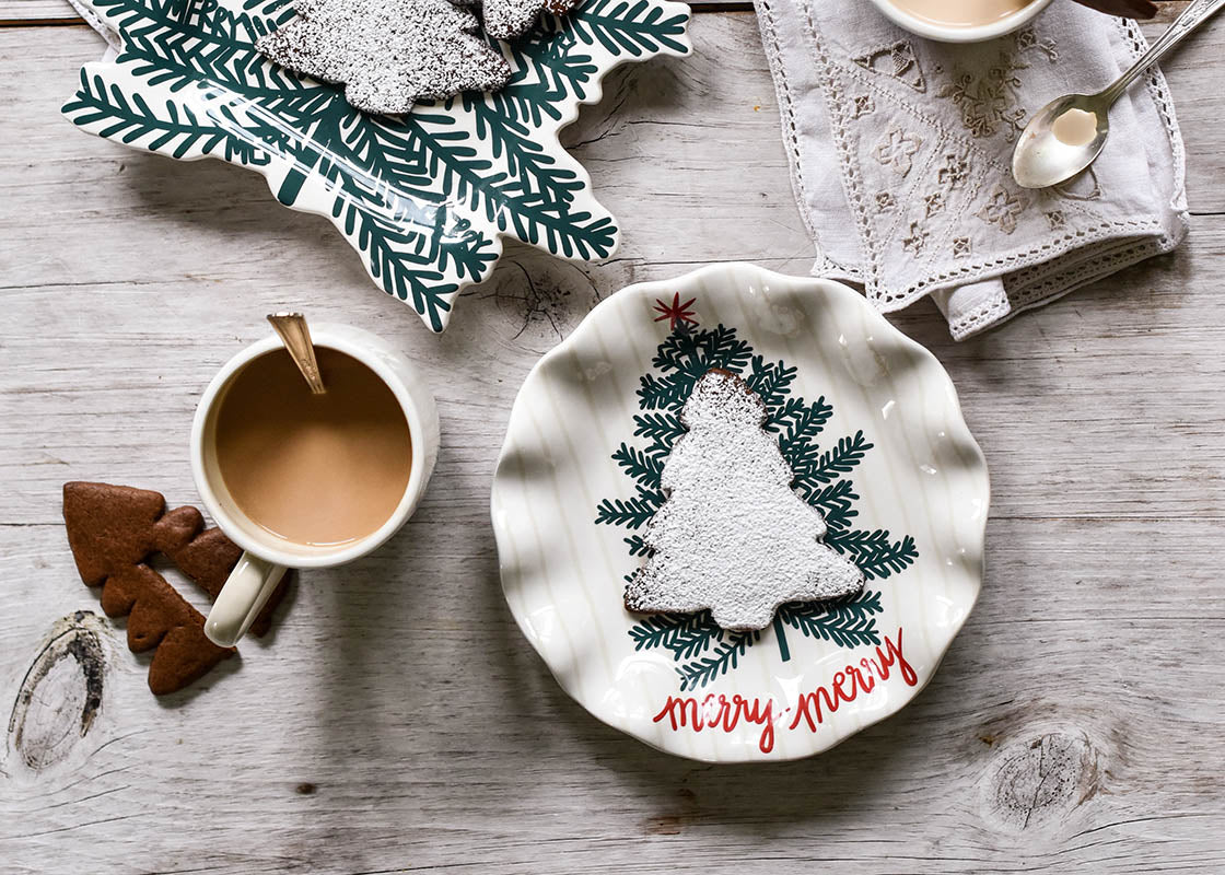 Overhead View of Merry Merry Tablescape with Balsam and Berry Serveware