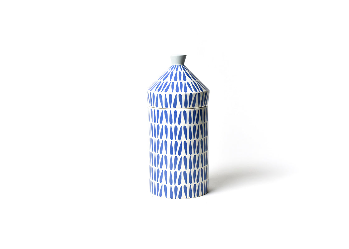 Front View of One Canister in Iris Blue Canisters Set of 2 in Repeating Pattern and Hand-Painted Knob