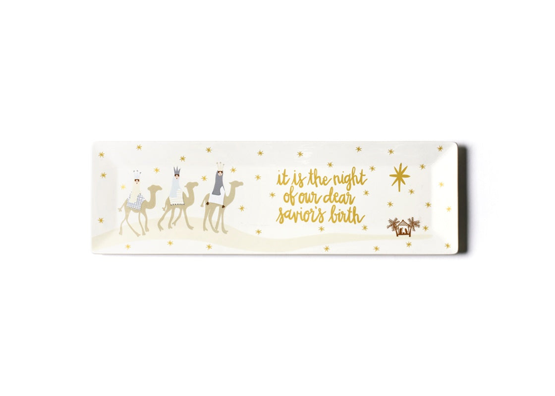 Overhead View of Three Wise Men Skinny Rectangle Tray Showcasing Gold Design