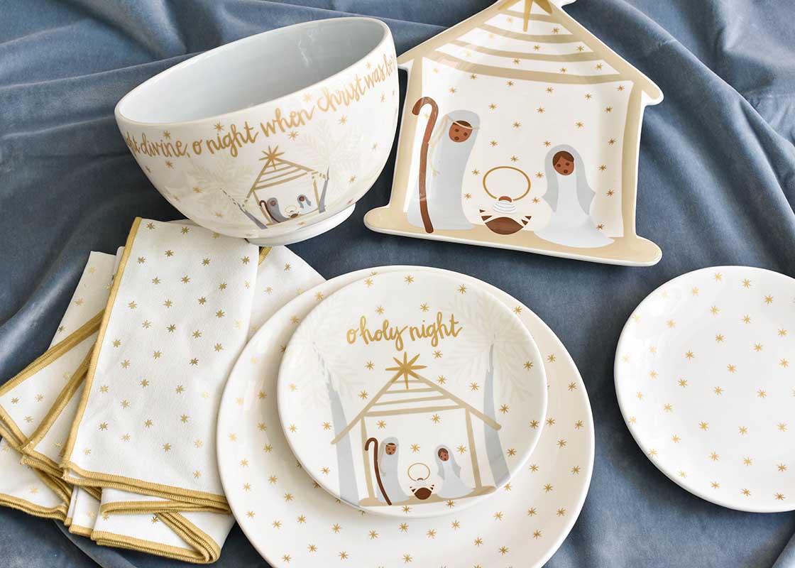 Overhead View of Coordinating Religious Holiday Serveware Including O Holy Night Salad Plate