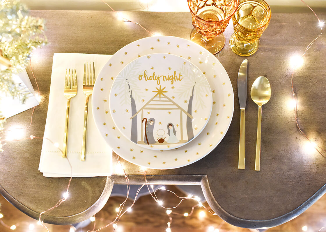 Overhead View of Place Setting Including Neutral Nativity Salad Plate Paired with Complimenting Designs