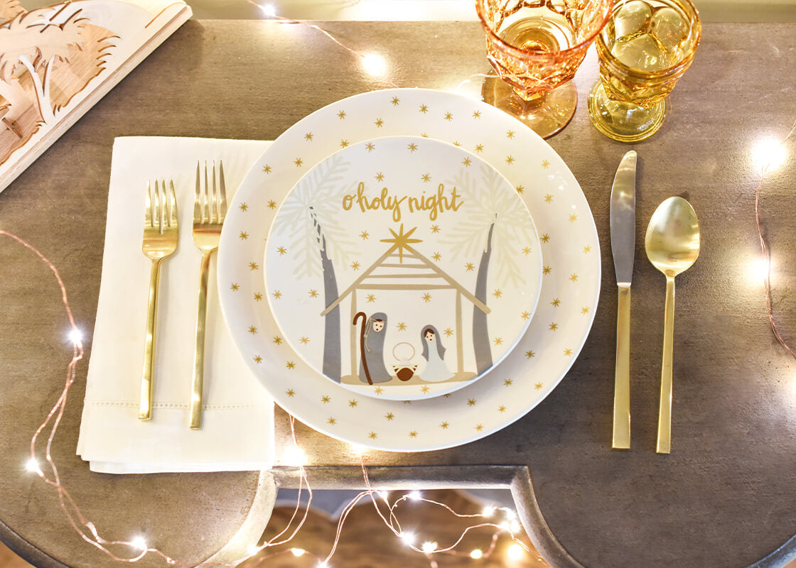 Overhead View of Place Setting with Nativity Salad Plate Paired with Other Festive Designs