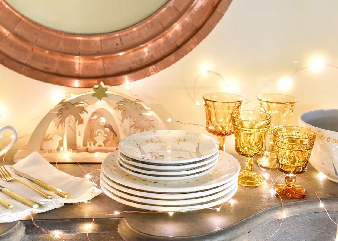 Cropped View of O Holy Night Nativity Plates Paired with Christmas Plate Set