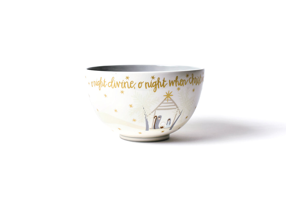 Right Side View of Angled Fair Skin O Holy Night 9in Footed Bowl