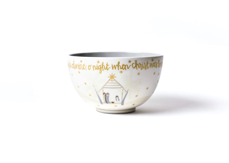 Gold Writing Outlines the Rim of Neutral Nativity O Holy Night Footed Bowl