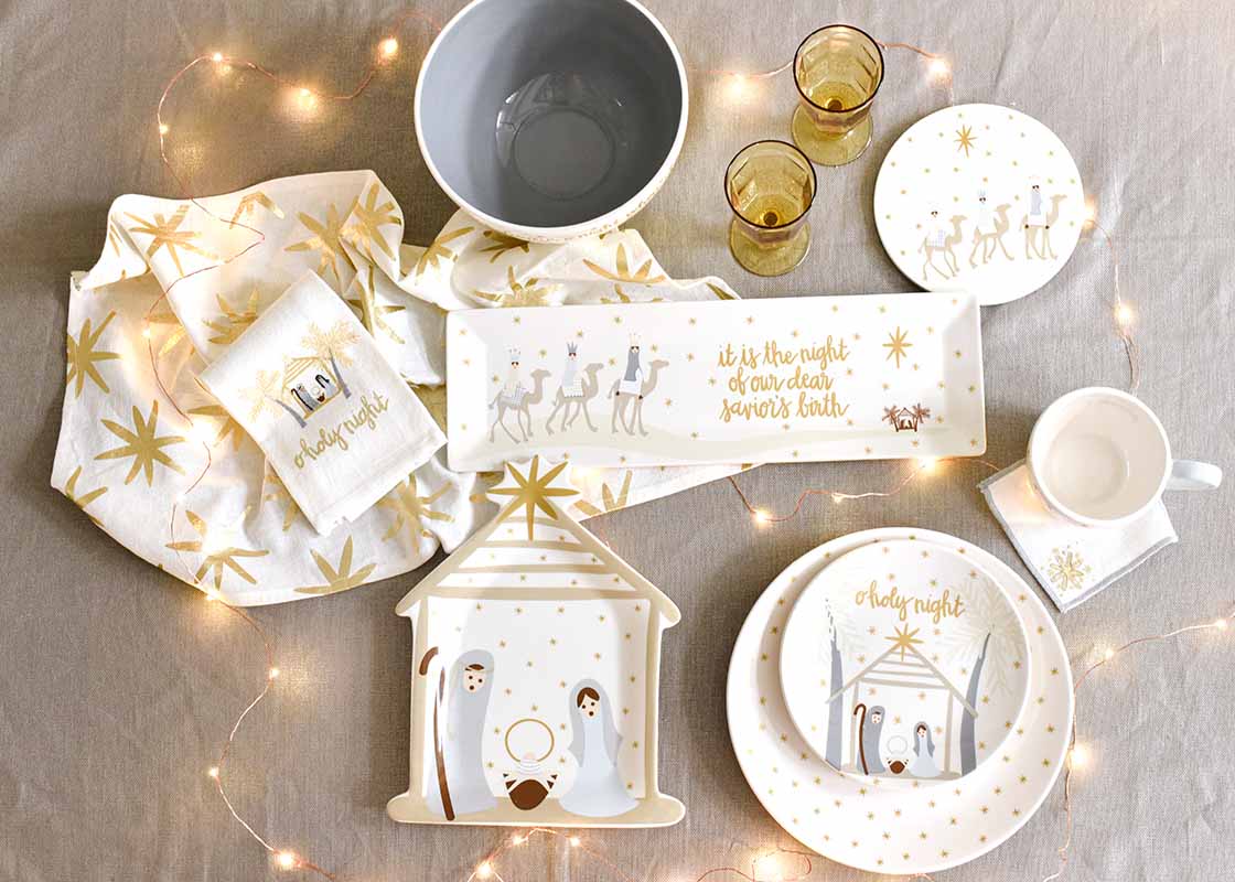 Overhead View of Religious Nativty Scene Designs Including Nativity Shaped Holiday Platter