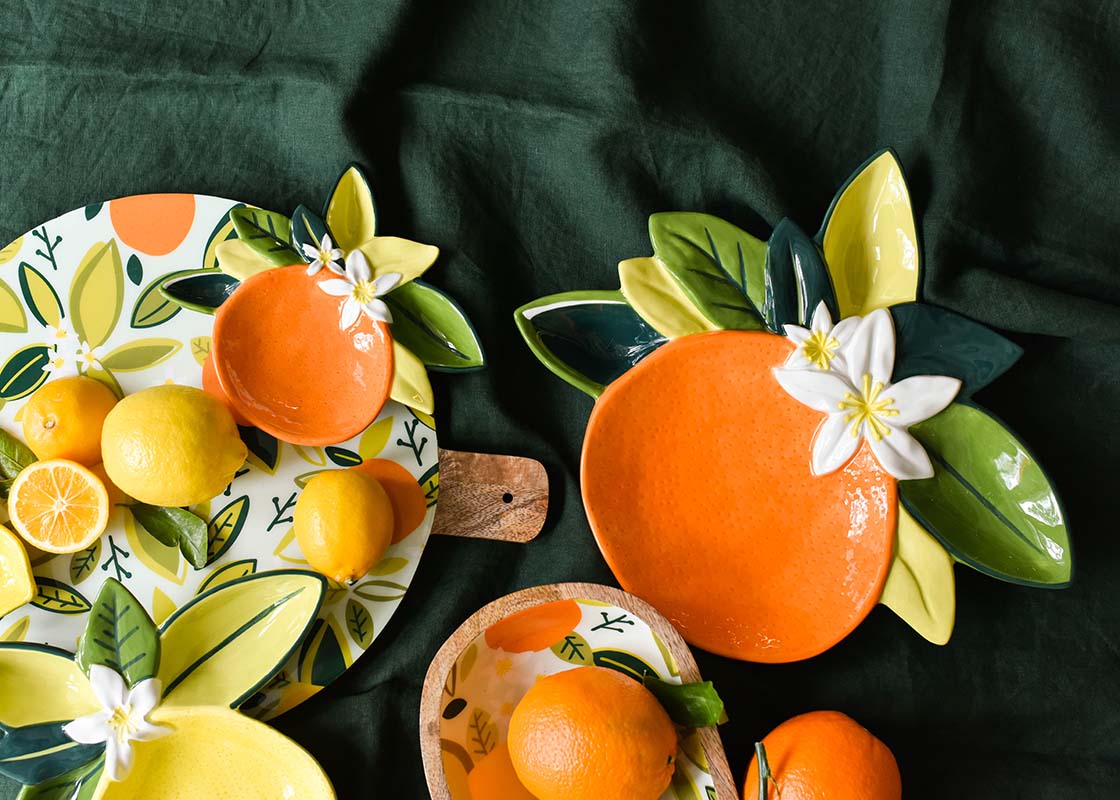 Overhead View of Orange Platter with Coordinating Citrus Designs