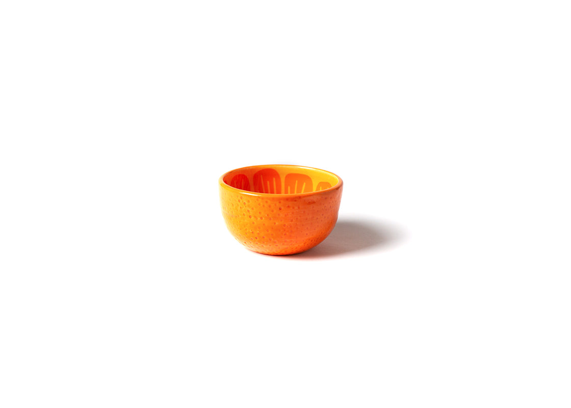 Front View of Ceramic Orange Appetizer Bowl Shaped Like an Orange Half with Dimpled Peel Texture.