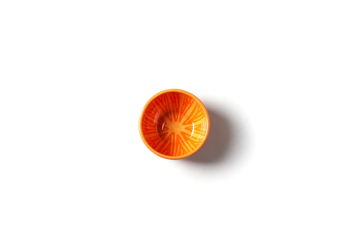 Interior view of Ceramic Orange Appetizer Bowl Featuring it's Clever Design Resembling a Lemon Slice with Fruit Sections