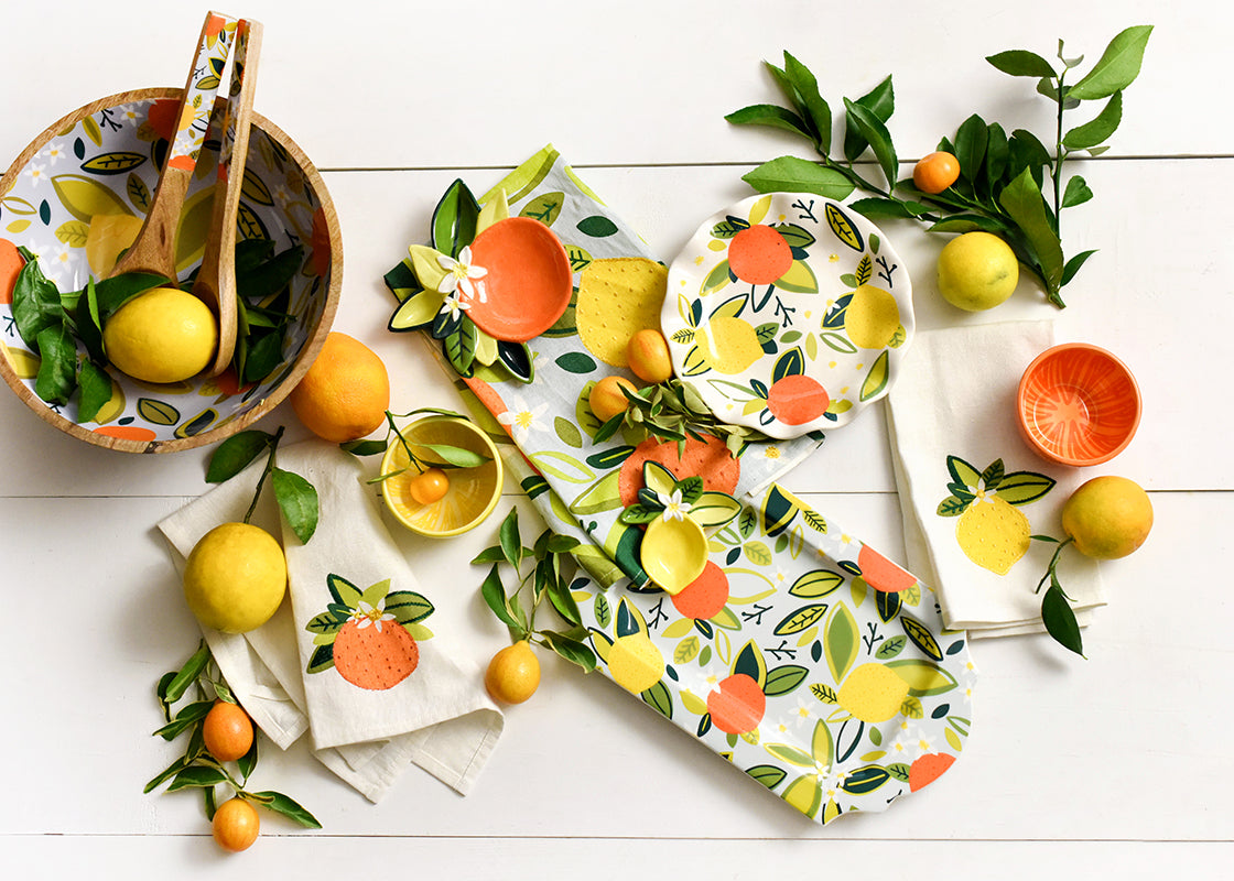 Overhead View of Citrus Collection Including Appetizer Bowl Orange Design