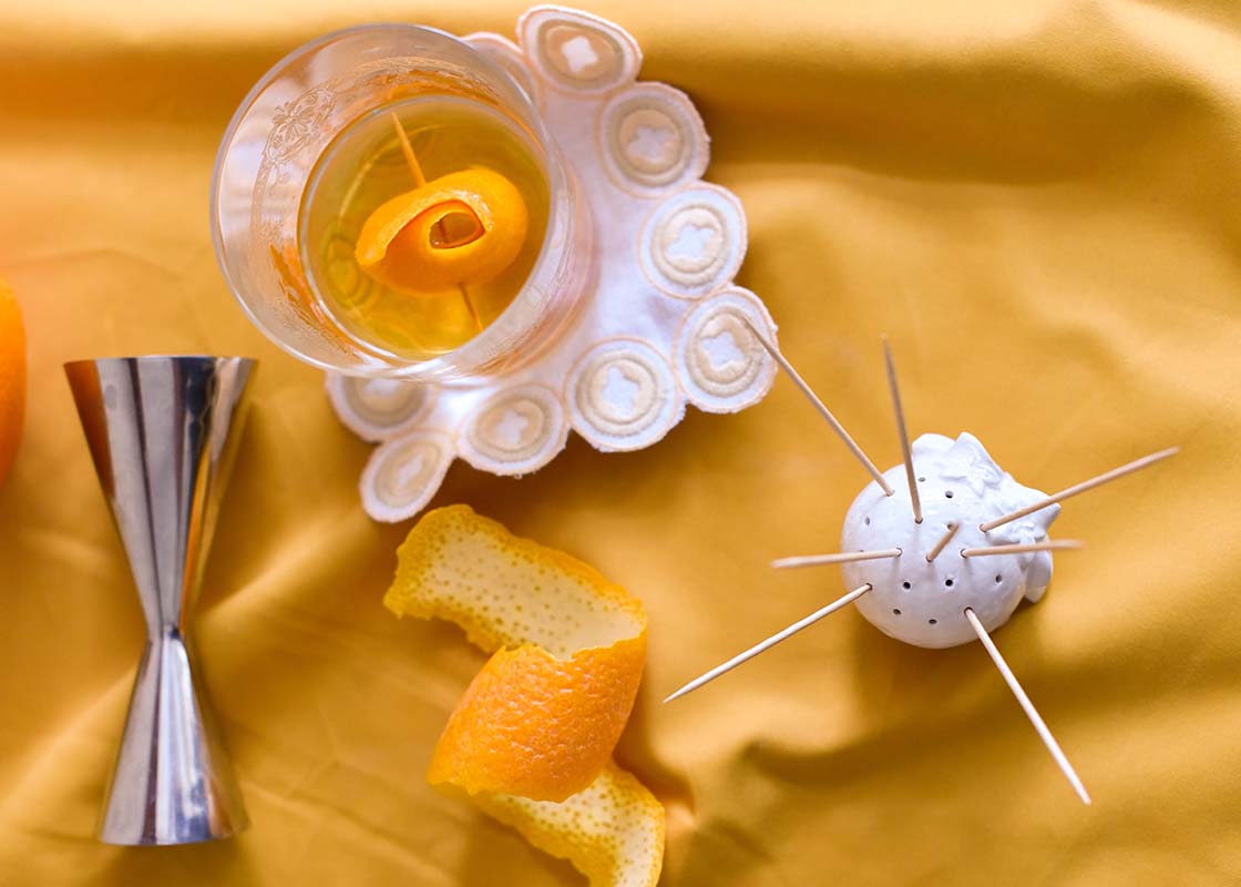 Overhead View of Toothpick Holder Shaped Orange Design with Carved Orange Blossoms