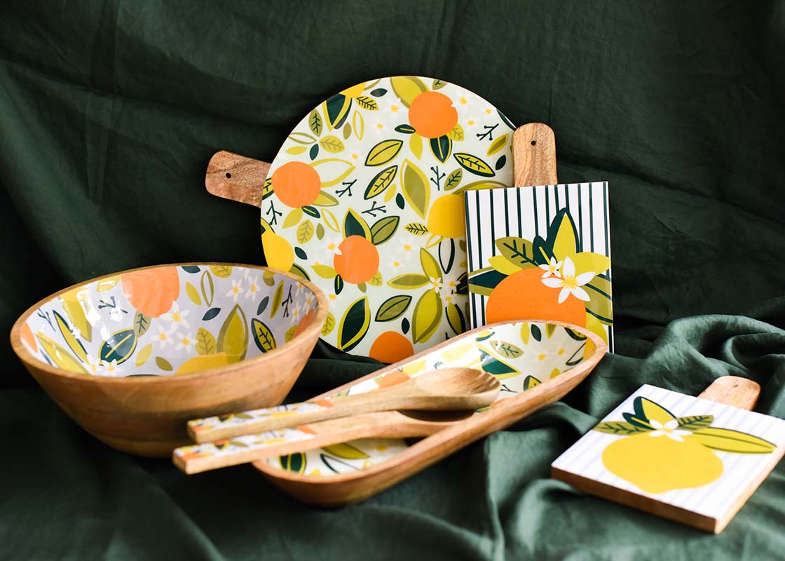 Cropped View of Citrus Collection Including Orange Wood Small Rectangle Board