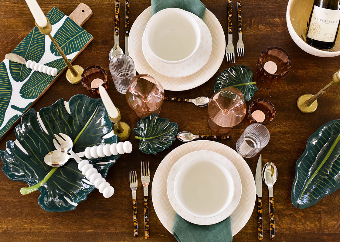 Overhead View of Tropical Tablescape Including Palm Trinket Bowl