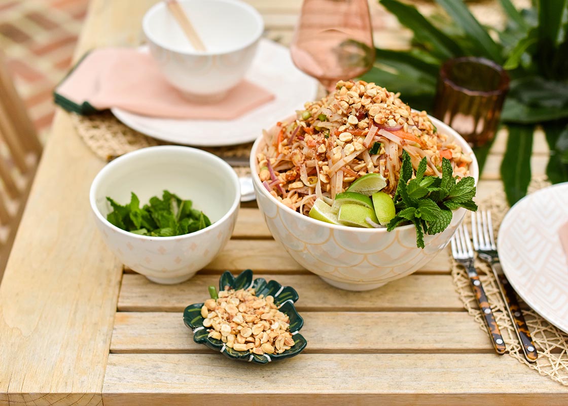 Cropped View of Coordinating Tableware with Palm Trinket Bowl