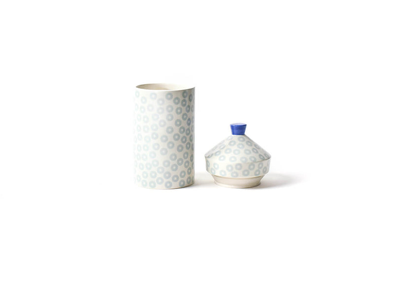 Small Round Canister Iris Blue Pip Design