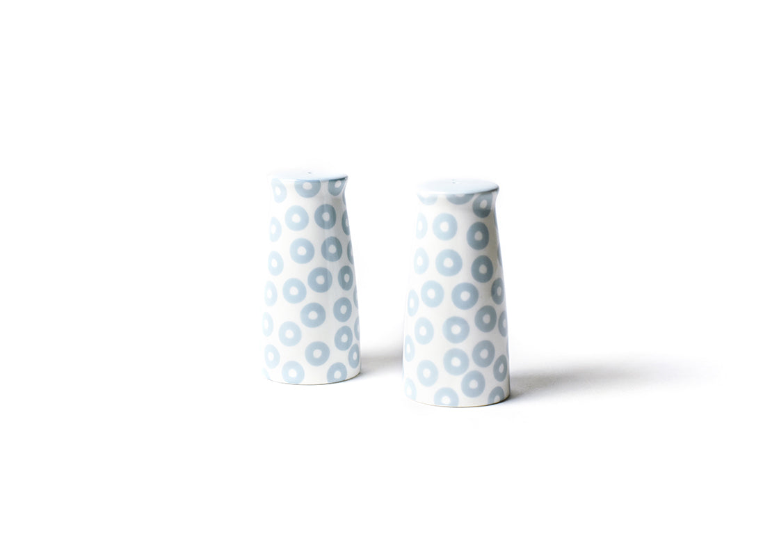 Front View of Placed Side by Side Showing Design Details of Iris Blue Pip Pedestal Salt and Pepper Shaker Set