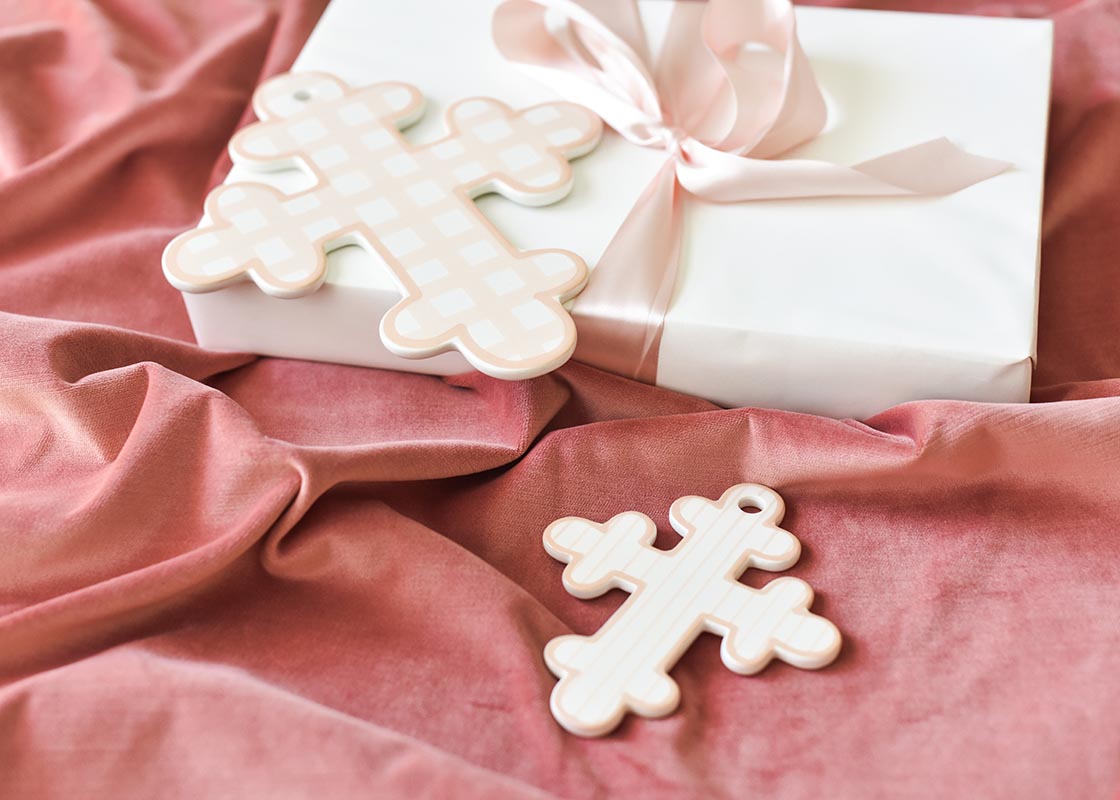 Cropped Close up of Ceramic Crosses Including 6in Pink Pinstripe Small Cross