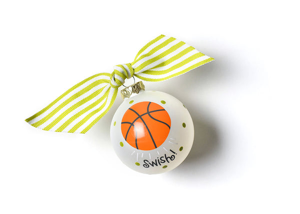 Opaque White Glass Basketball Ornament Lime Green Striped Bow
