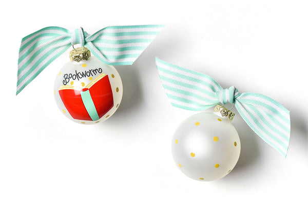 White Bookworm Ornament with Mint Green and White Striped Bow