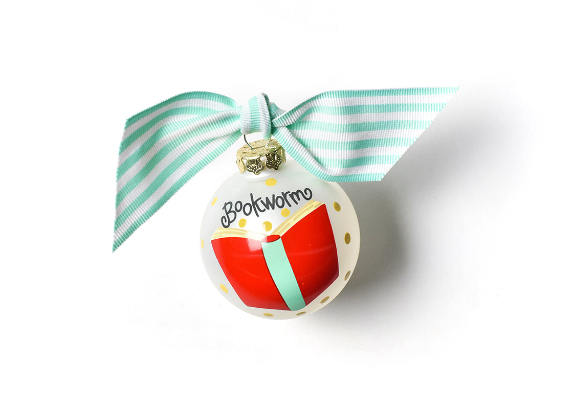 Front View of Bookworm Glass Ornament