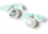 White Glass Cheerleading Ornament with Mint Green Striped Bow