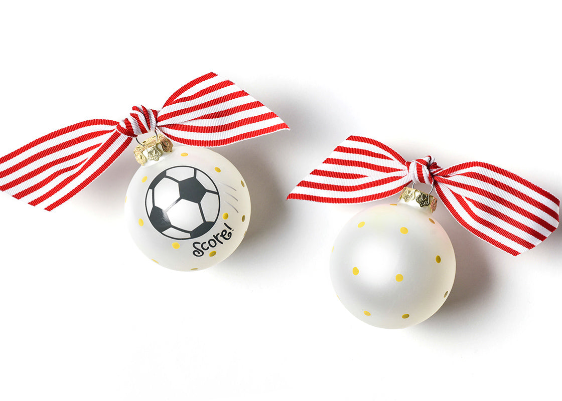 Front and Back View of Soccer Glass Ornament Placed Side by Side