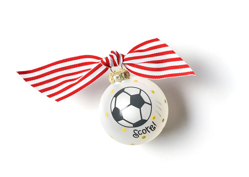 Soccer Ornament Black Writing Score Red Striped Bow