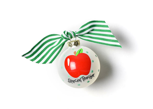 Special Teacher Ornament with Red Apple and Green Striped Bow