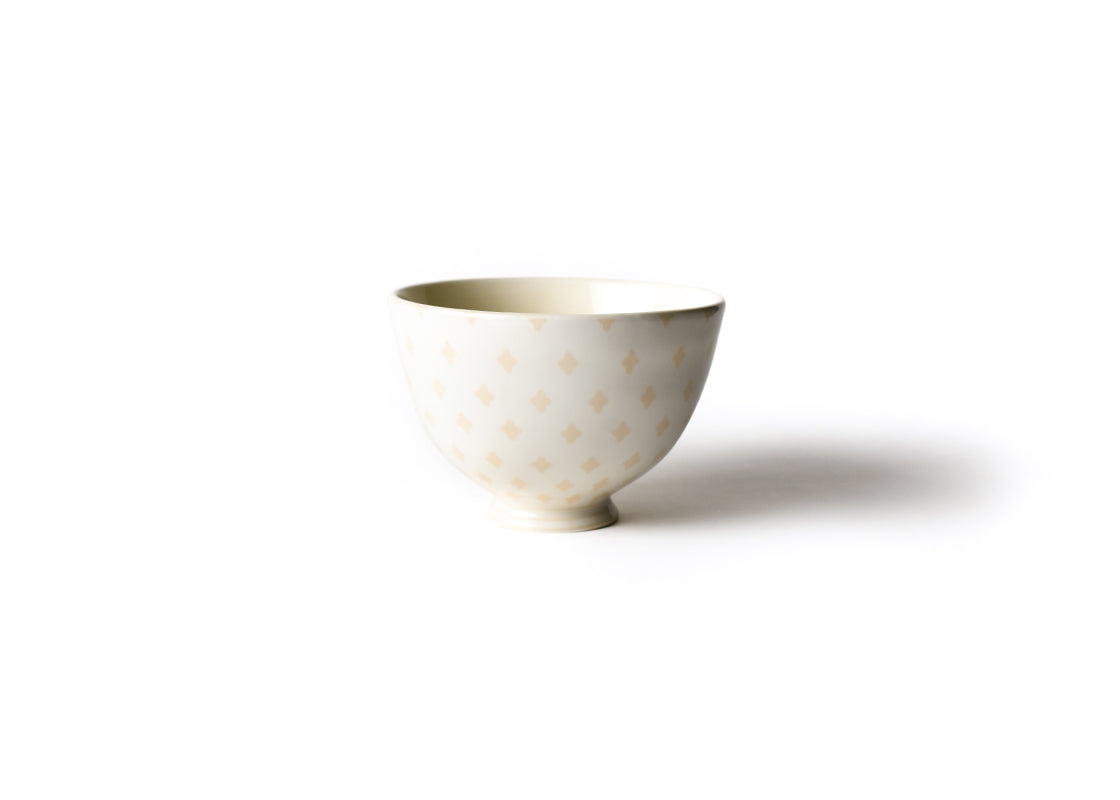 Front View of Ecru Quatrefoil 6in Footed Bowl Showcasing Design Details on Outside