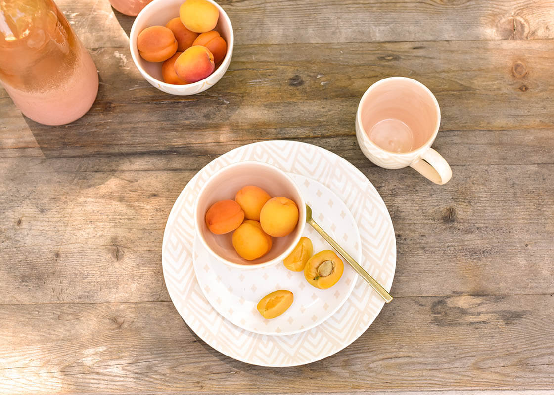 Overhead View of Tablescape with Blush Designs Including Quatrefoil Salad Plate