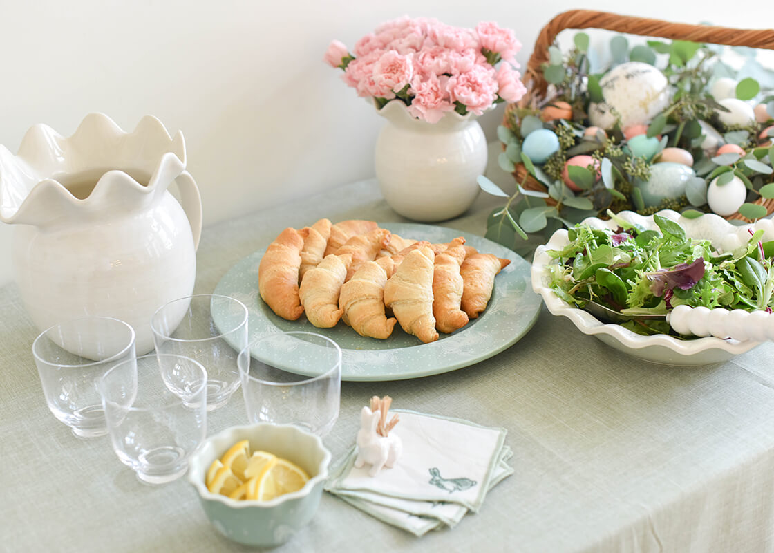 Front View of Easter Buffet Including Speckled Rabbit Round Platter