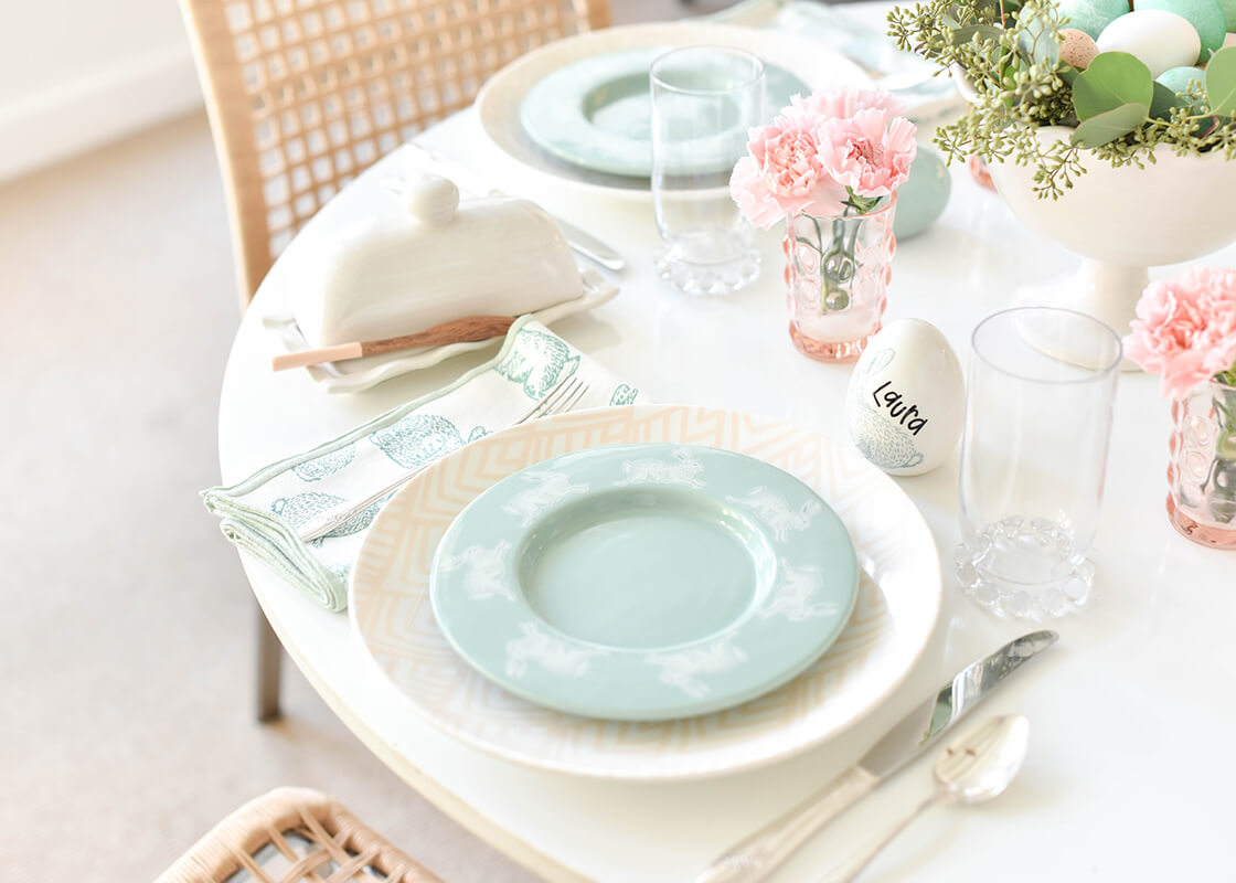 Cropped View of Easter Place Settings Including Speckled Rabbit Napkins in a Set of 4
