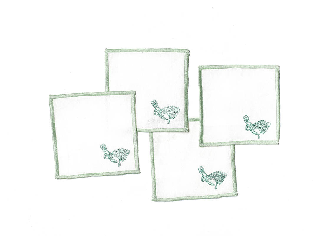 Overhead View of Creatively Placed Speckled Rabbit Cocktail Napkins Set of 4 Showing all Pieces in Set and Personality