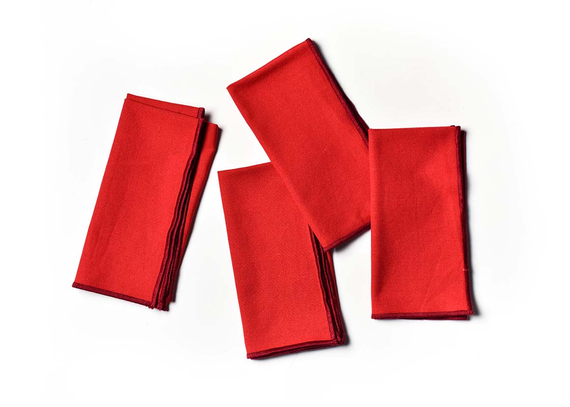 Overhead View of Folded Red Color Block Napkins Set of 4 Showing all Pieces in Set