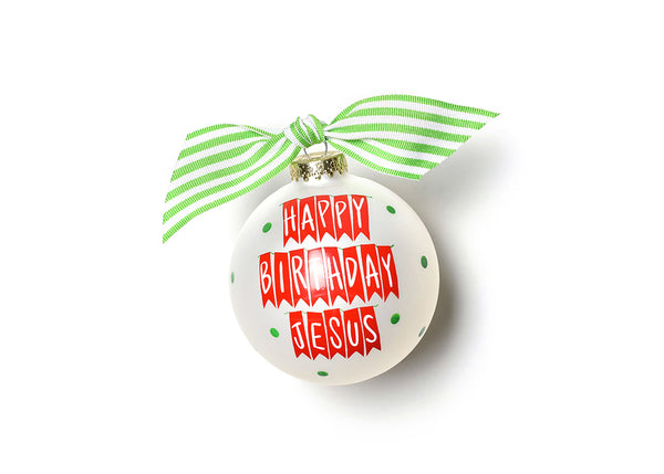 Happy Birthday Jesus Banner Ornament with Green Striped Bow