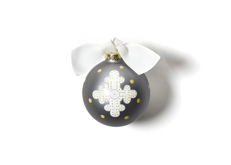 Glass Ornament Neutral Cross Design with Yellow Dots and White Bow