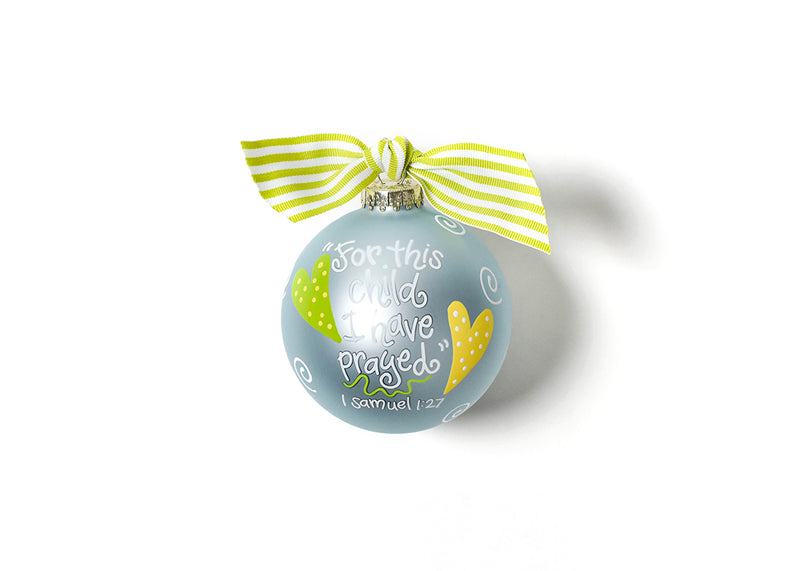 Religious Ornament For This Child Blue Glass with Green Striped Bow