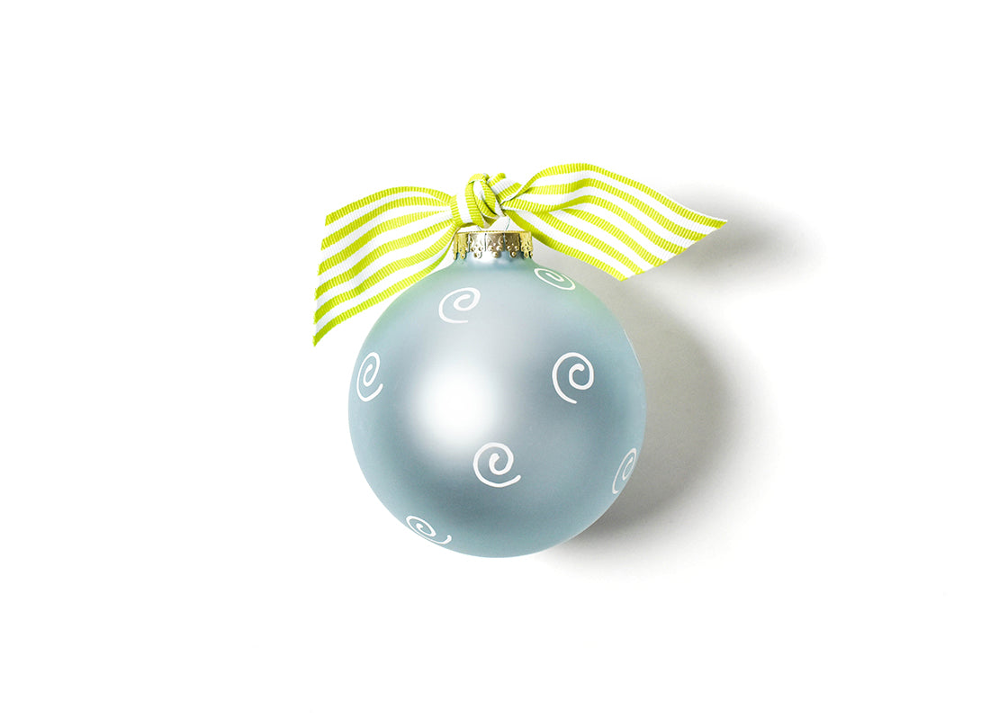 Back View of Blue For This Child Glass Ornament Showing Design Details