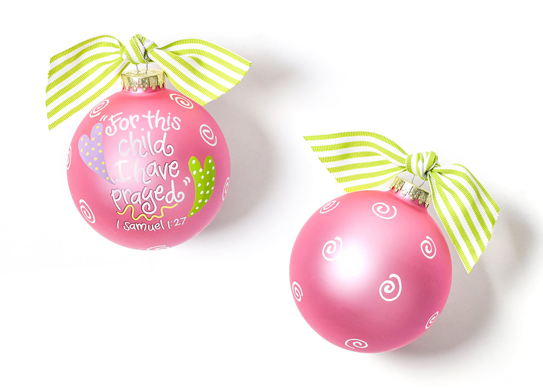 Front and Back View of Pink For This Child Glass Ornament Placed Side by Side