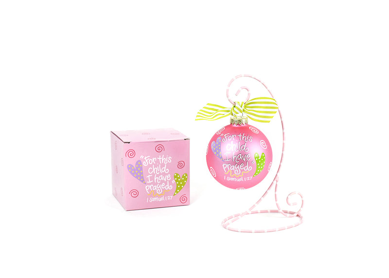 For This Child Pink Glass Ornament with Gift Box and Ornament Stand