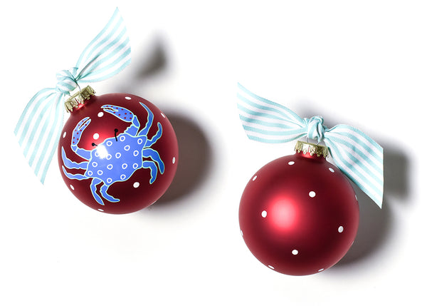 Red Ornament Blue Crab with Mint Green and White Striped Bow