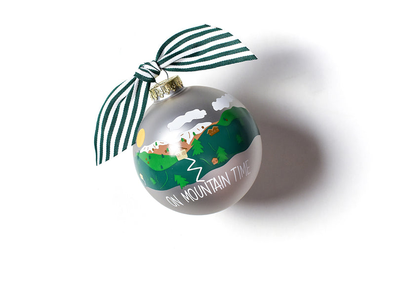 On Mountain Time Ornament with Green Striped Bow